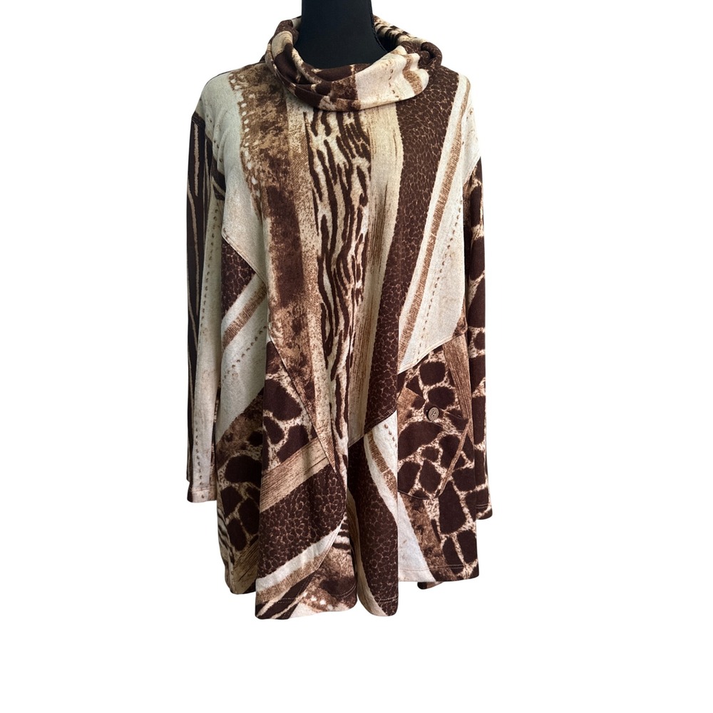 Multiples Natural Attraction Animal Print Cowl Neck Tunic Top XL Brown M42608TM